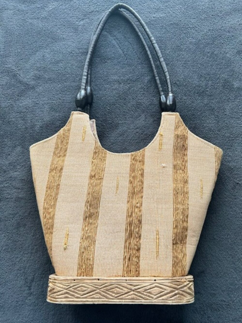 Vintage Woven Fiber and Wood Purse Handbag